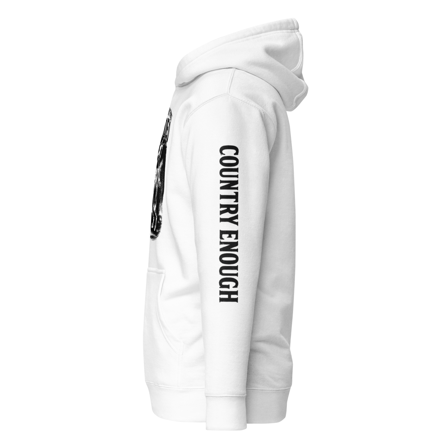 White hoodie with graphic of cowgirl and horse, western landscape, and words this ain't my first rodeo #white