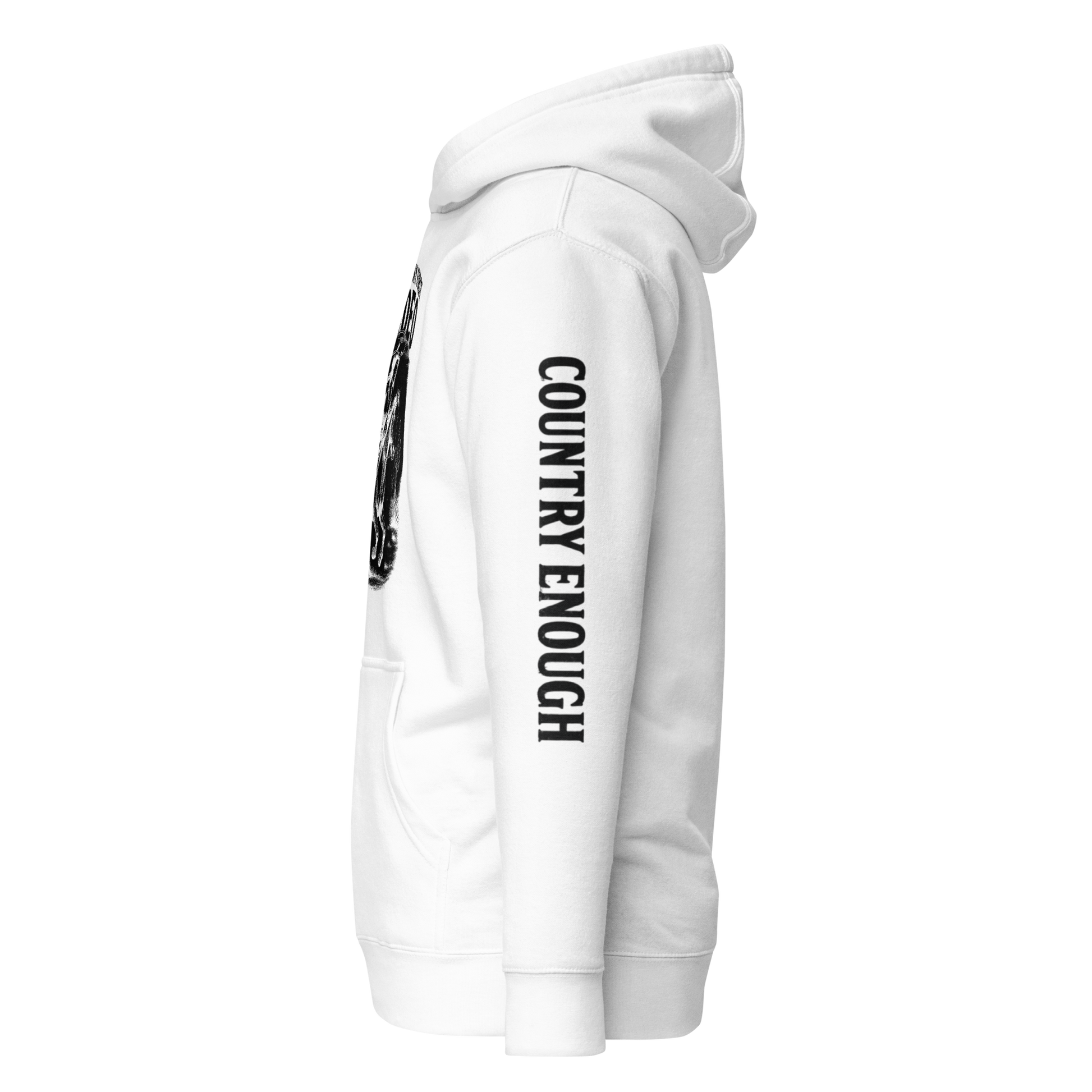 White hoodie with graphic of cowgirl and horse, western landscape, and words this ain't my first rodeo #white