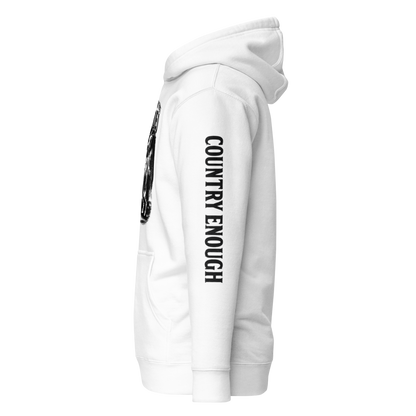 White hoodie with graphic of cowgirl and horse, western landscape, and words this ain't my first rodeo #white