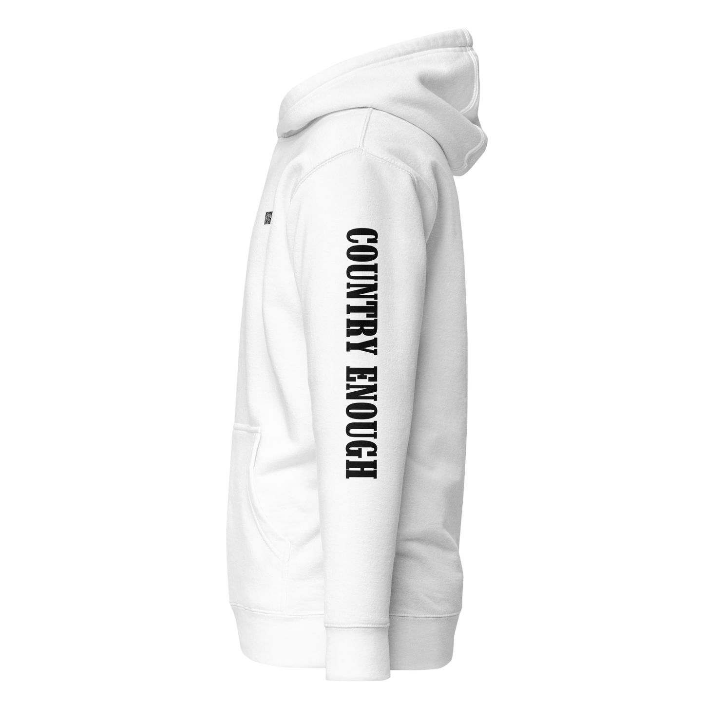 White hoodie with graphic of the words country enough #white