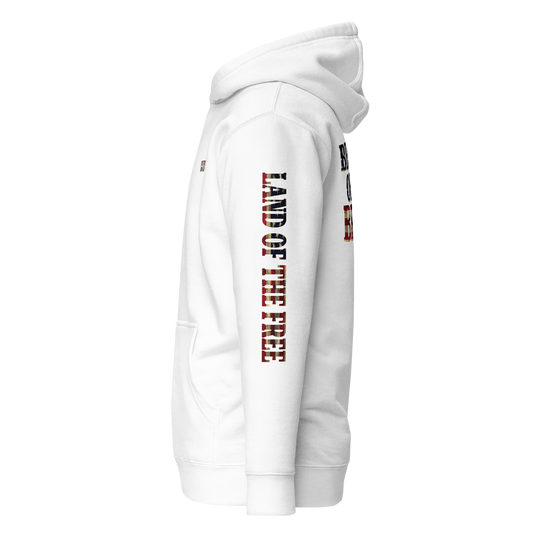 White hoodie with American flag fille words because of the brave on the back and land of the free on the sleeve #white