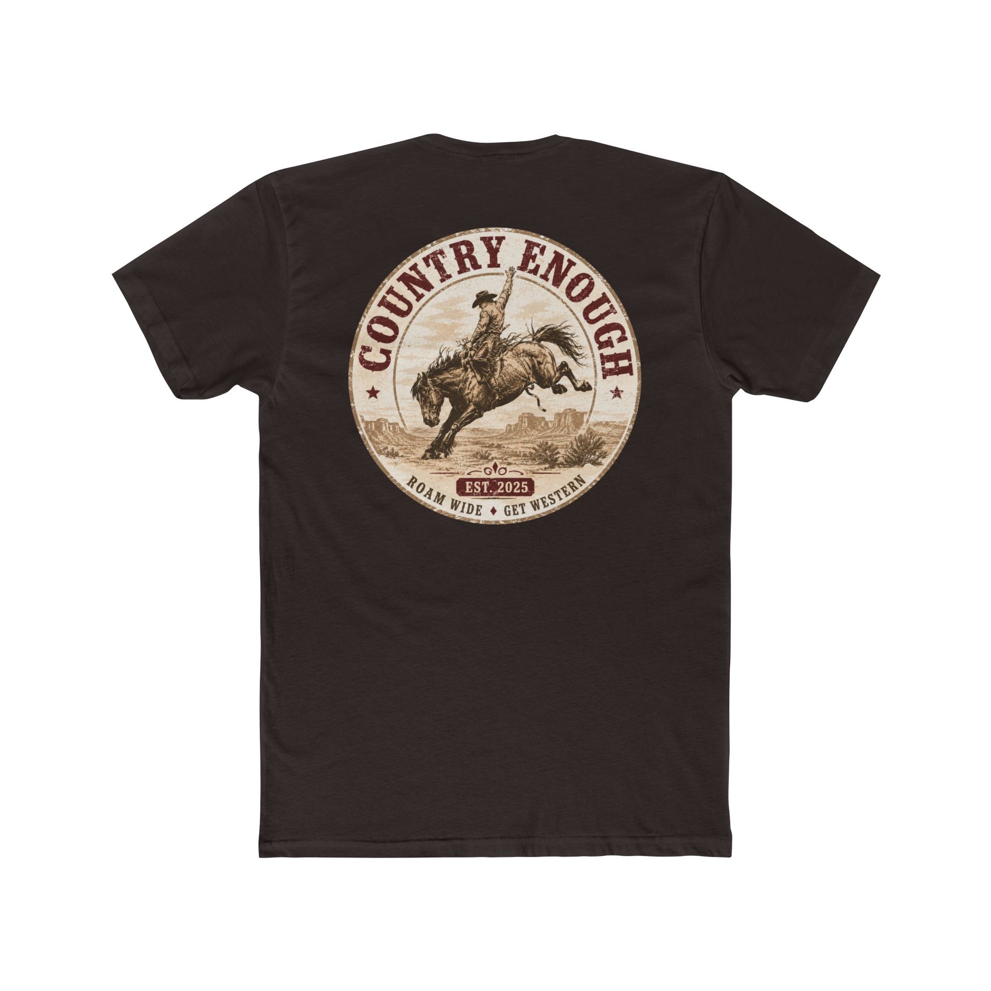 Country Enough Men's t-shirt with logo of bucking horse with ride and landscape background with CE logo and words roam wide and get western #darkbrown