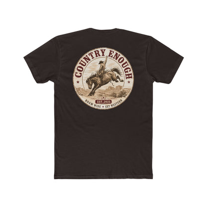 Country Enough Men's t-shirt with logo of bucking horse with ride and landscape background with CE logo and words roam wide and get western #darkbrown