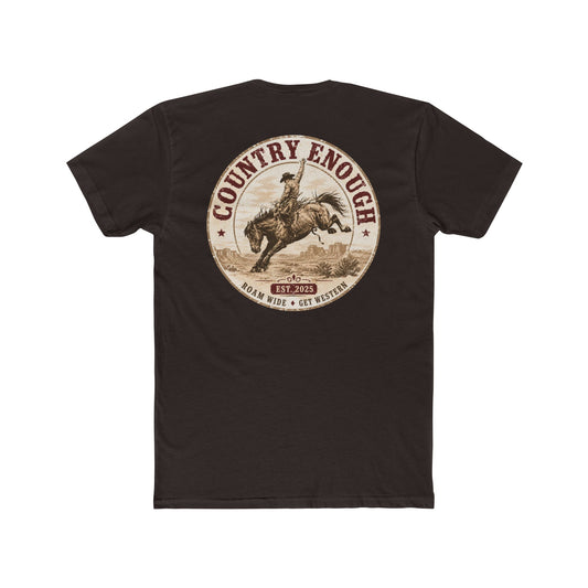 Country Enough Men's t-shirt with logo of bucking horse with ride and landscape background with CE logo and words roam wide and get western #darkbrown