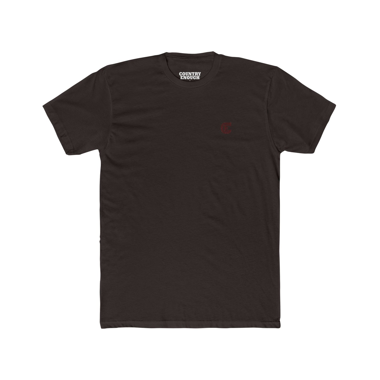 Country Enough Men's t-shirt with logo of bucking horse with ride and landscape background with CE logo and words roam wide and get western #darkbrown
