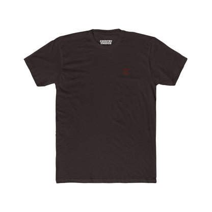 Country Enough Men's t-shirt with logo of bucking horse with ride and landscape background with CE logo and words roam wide and get western #darkbrown