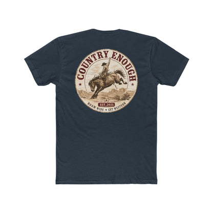 Country Enough Men's t-shirt with logo of bucking horse with ride and landscape background with CE logo and words roam wide and get western #indigo