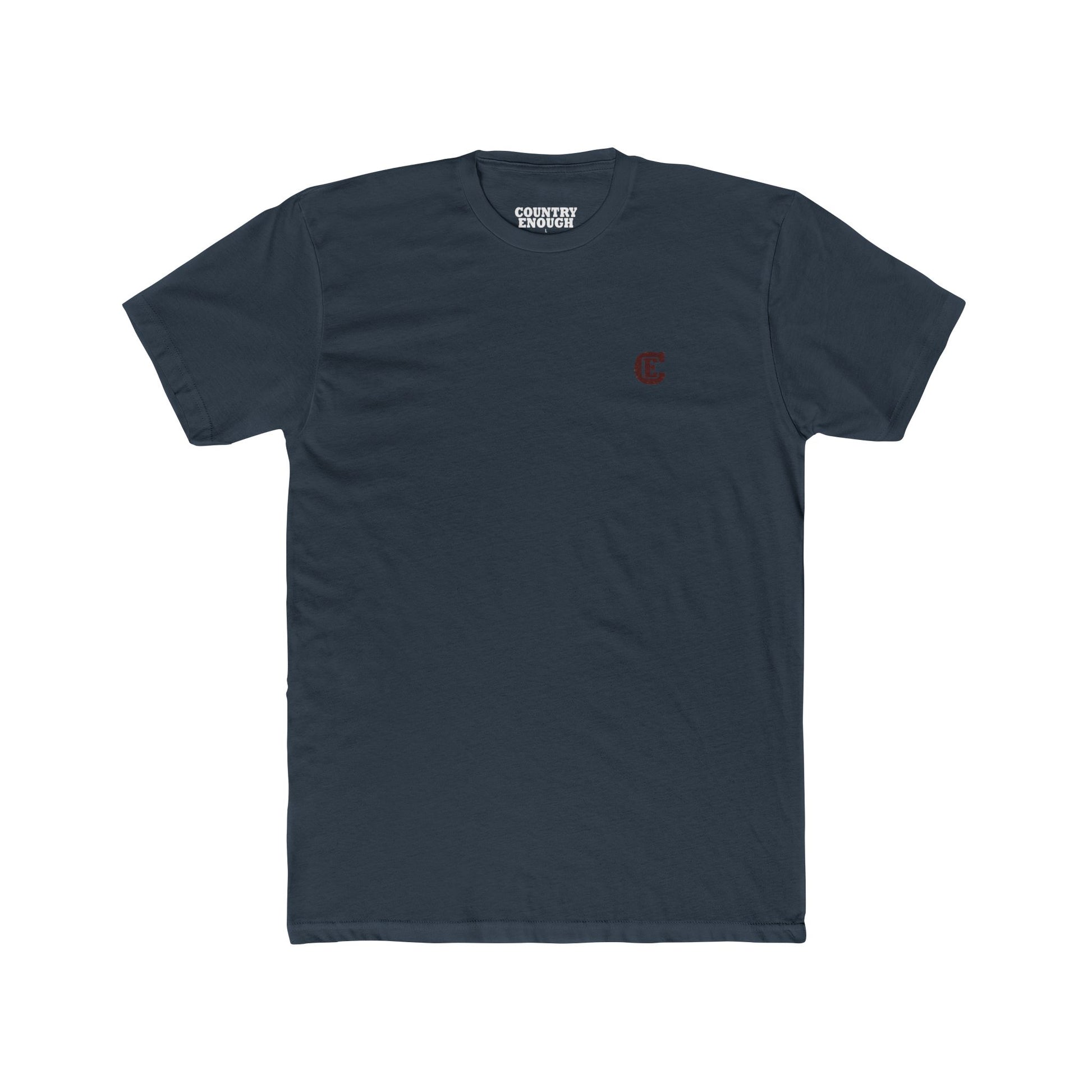 Country Enough Men's t-shirt with logo of bucking horse with ride and landscape background with CE logo and words roam wide and get western #indigo