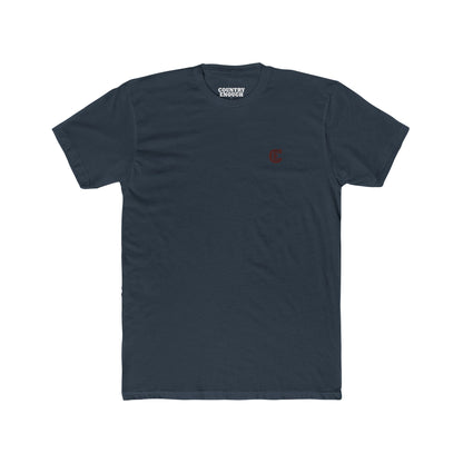 Country Enough Men's t-shirt with logo of bucking horse with ride and landscape background with CE logo and words roam wide and get western #indigo
