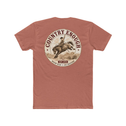 Country Enough Men's t-shirt with logo of bucking horse with ride and landscape background with CE logo and words roam wide and get western #desertpink