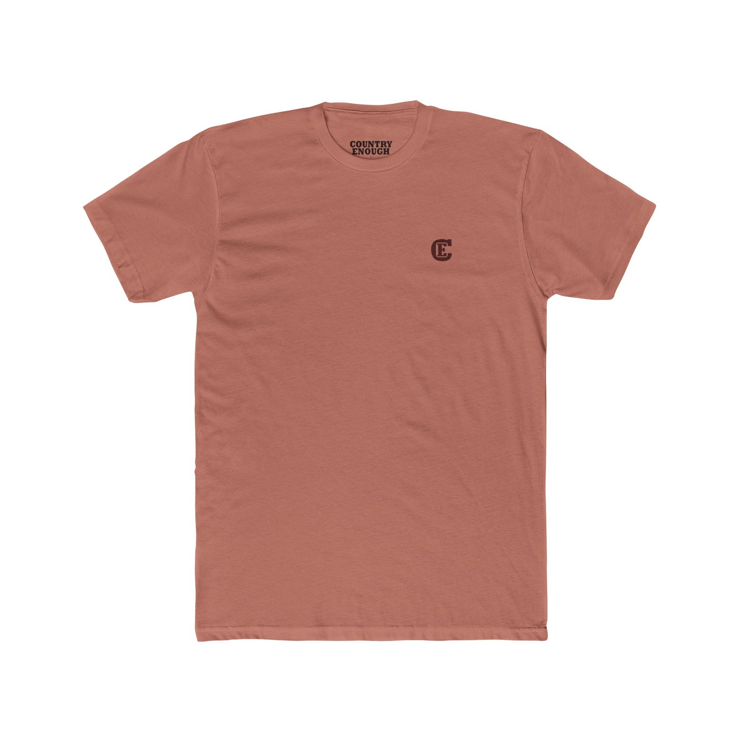 Country Enough Men's t-shirt with logo of bucking horse with ride and landscape background with CE logo and words roam wide and get western #desertpink