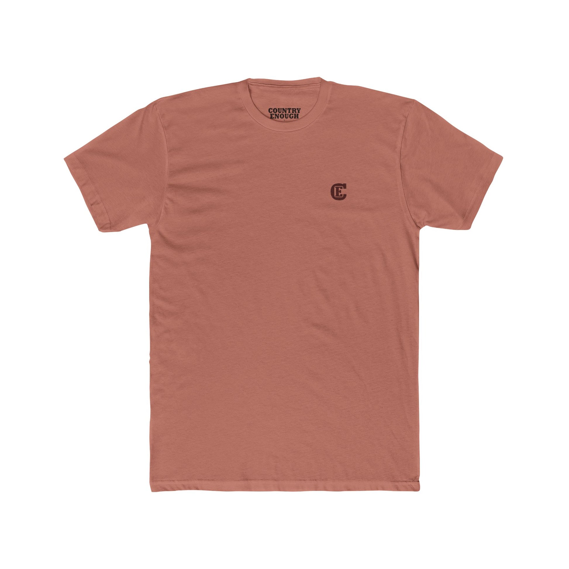 Country Enough Men's t-shirt with logo of bucking horse with ride and landscape background with CE logo and words roam wide and get western #desertpink