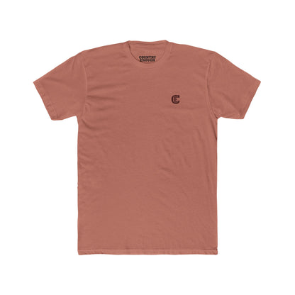 Country Enough Men's t-shirt with logo of bucking horse with ride and landscape background with CE logo and words roam wide and get western #desertpink