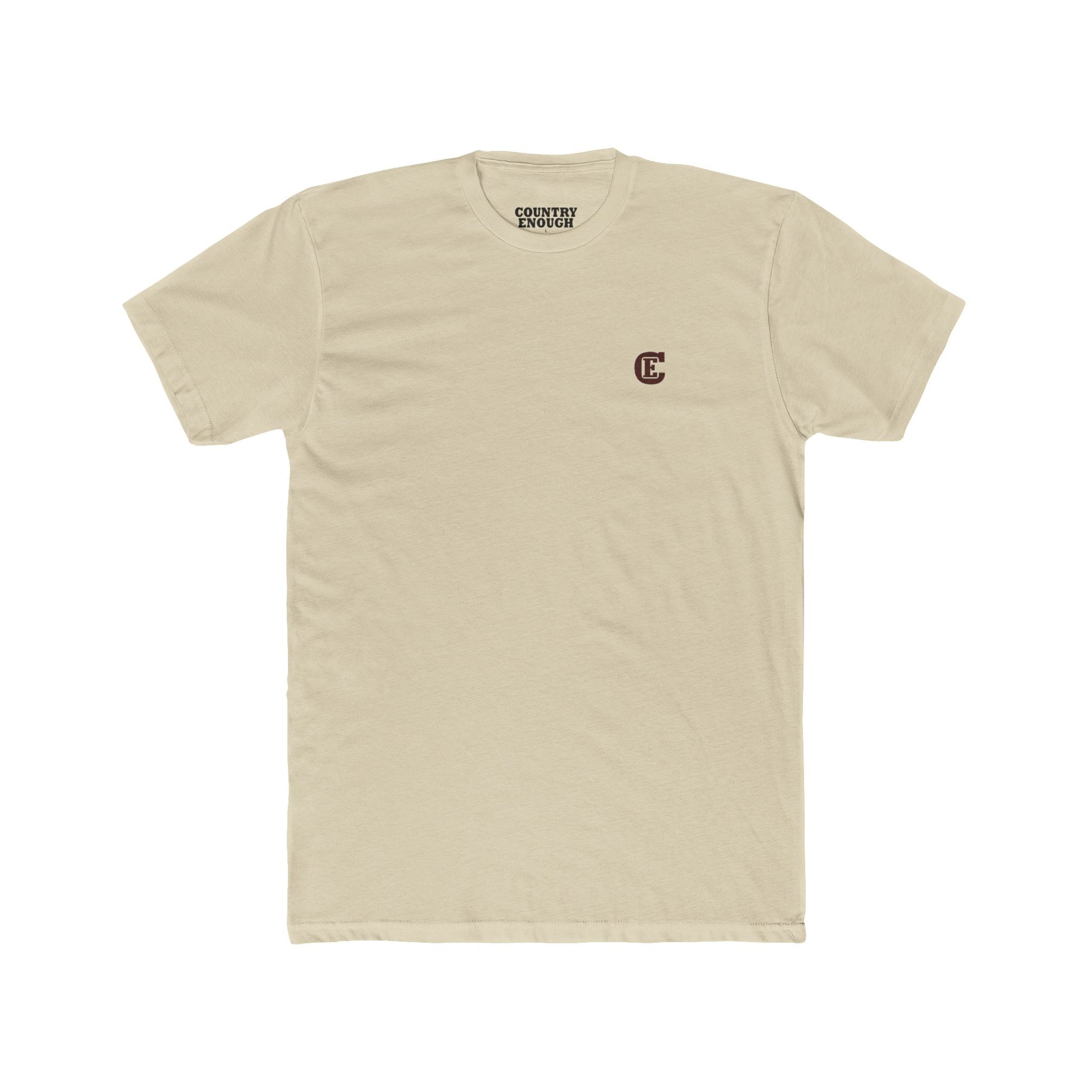 Country Enough Men's t-shirt with logo of bucking horse with ride and landscape background with CE logo and words roam wide and get western #cream