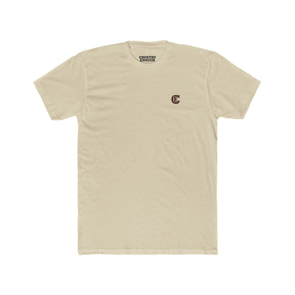 Country Enough Men's t-shirt with logo of bucking horse with ride and landscape background with CE logo and words roam wide and get western #cream