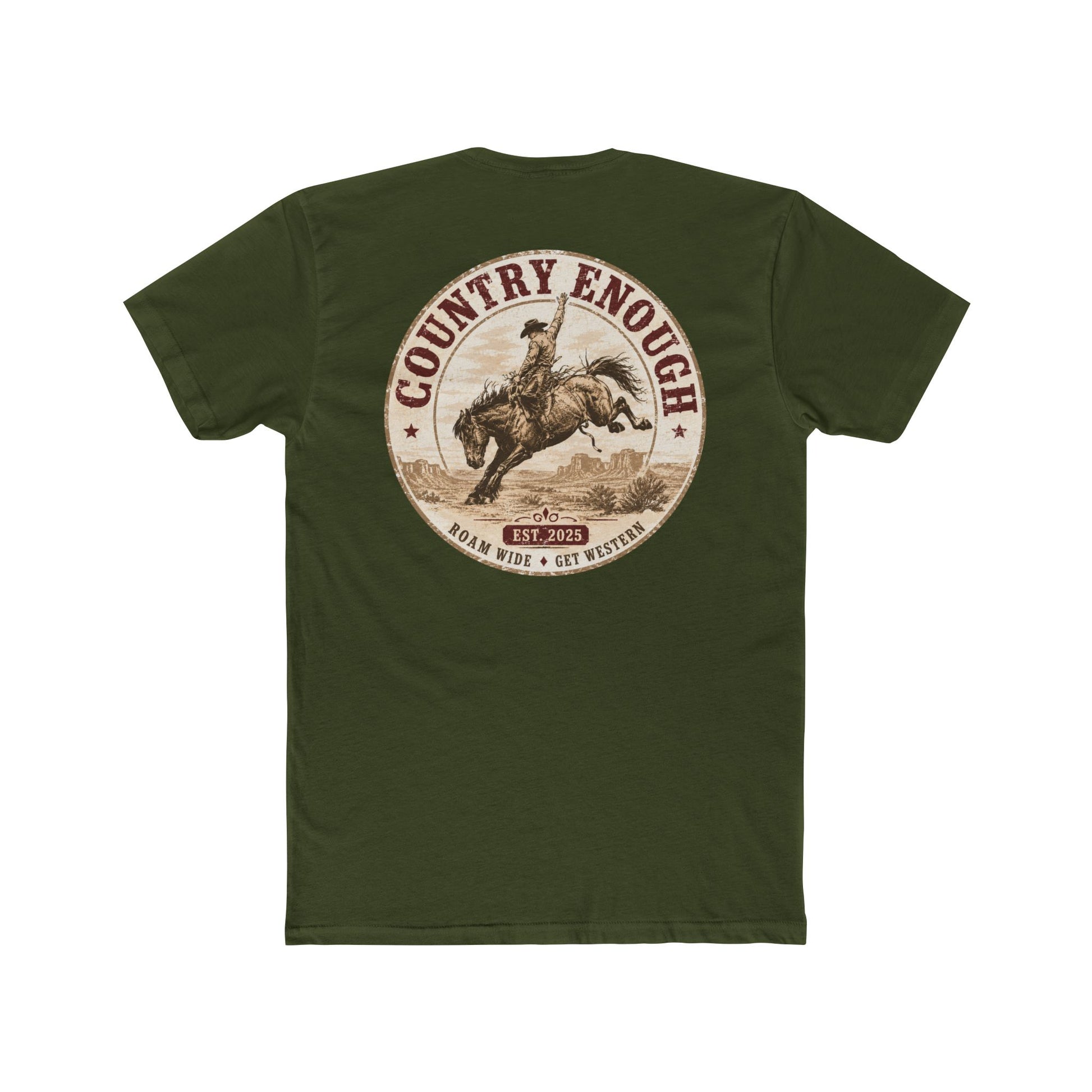 Country Enough Men's t-shirt with logo of bucking horse with ride and landscape background with CE logo and words roam wide and get western #militarygreen