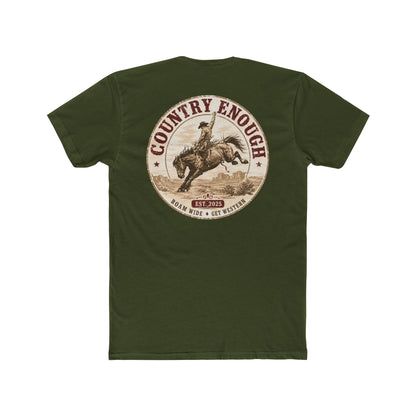 Country Enough Men's t-shirt with logo of bucking horse with ride and landscape background with CE logo and words roam wide and get western #militarygreen