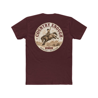 Country Enough Men's t-shirt with logo of bucking horse with ride and landscape background with CE logo and words roam wide and get western #maroon