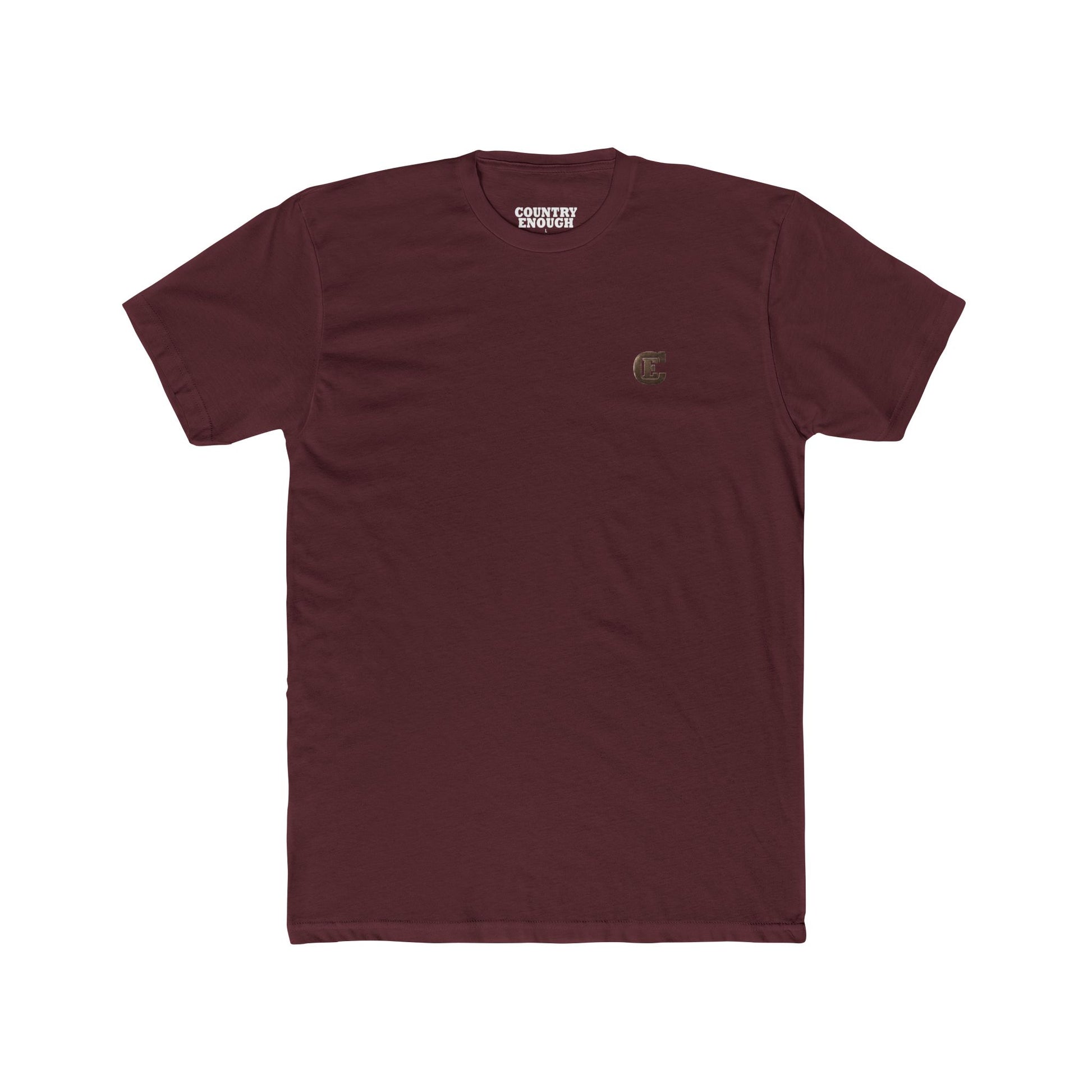 Country Enough Men's t-shirt with logo of bucking horse with ride and landscape background with CE logo and words roam wide and get western #maroon