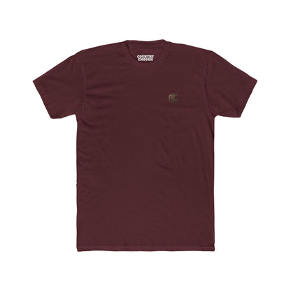 Country Enough Men's t-shirt with logo of bucking horse with ride and landscape background with CE logo and words roam wide and get western #maroon