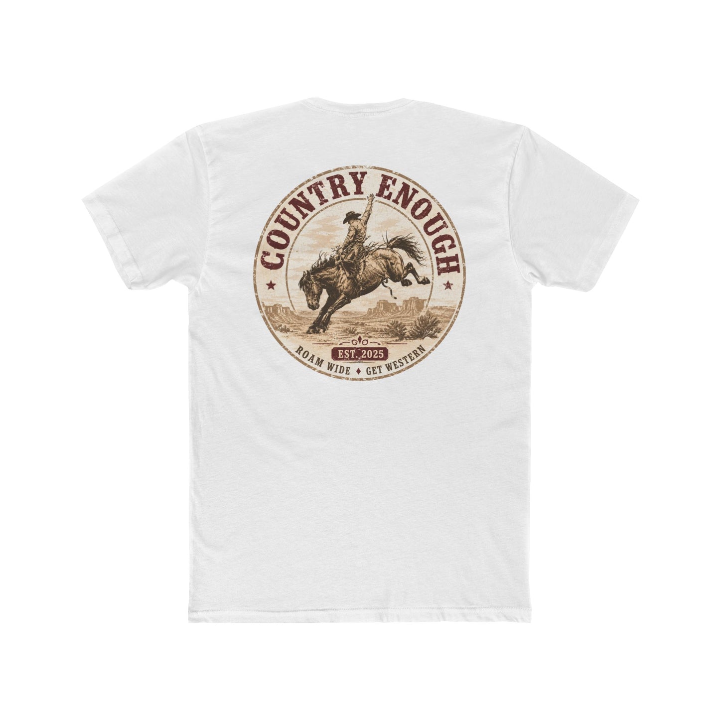 Country Enough Men's t-shirt with logo of bucking horse with ride and landscape background with CE logo and words roam wide and get western #white