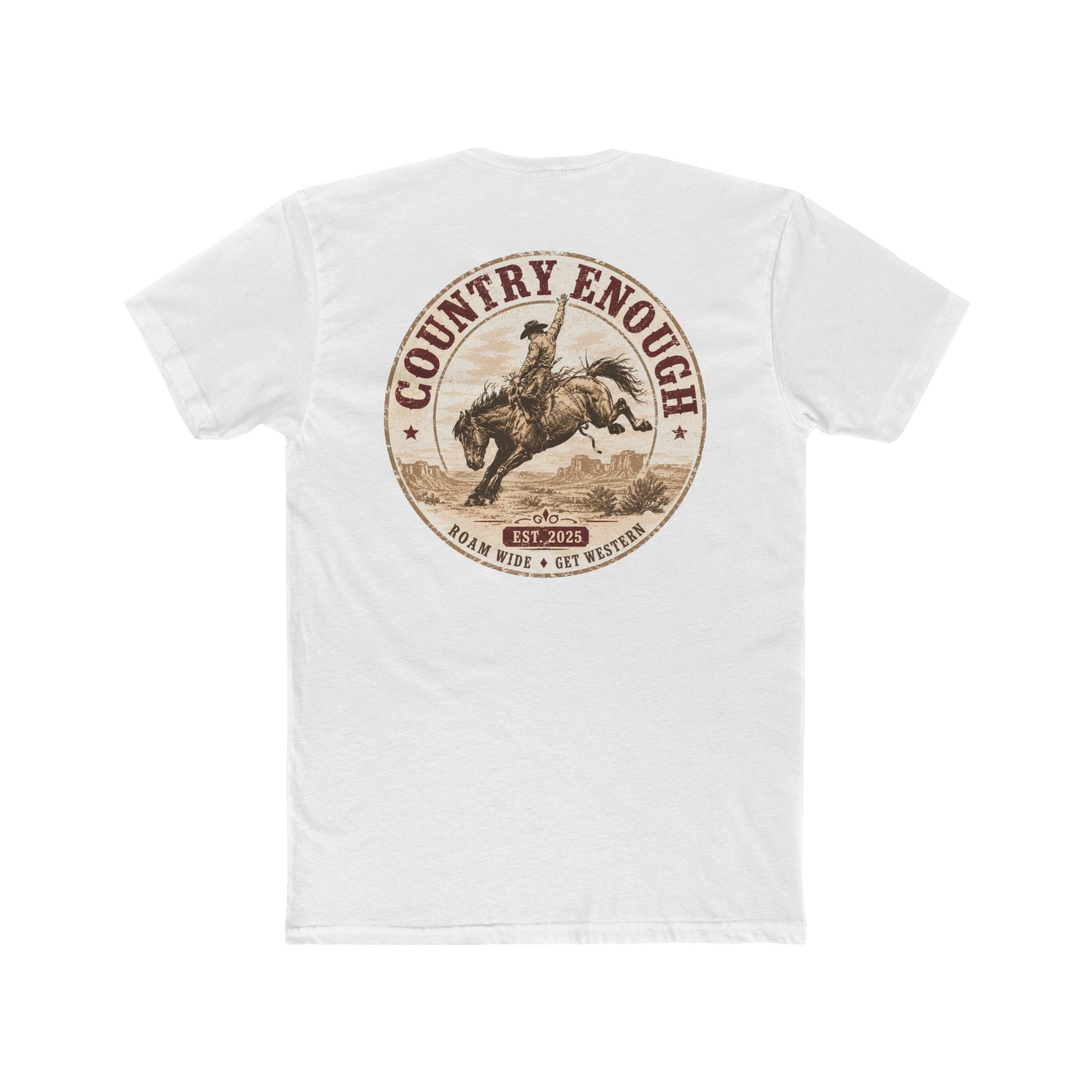 Country Enough Men's t-shirt with logo of bucking horse with ride and landscape background with CE logo and words roam wide and get western #white