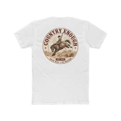 Country Enough Men's t-shirt with logo of bucking horse with ride and landscape background with CE logo and words roam wide and get western #white