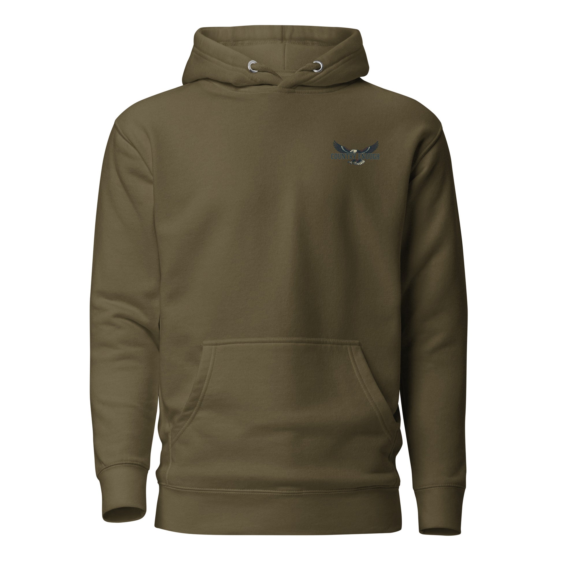 Military Green hoodie with an eagle and mountains in red, white, and blue with words American Frontier EST 1776 #militarygreen