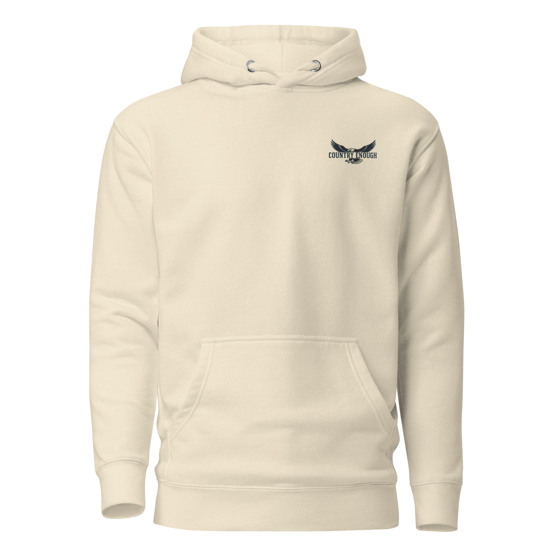 Bone hoodie with an eagle and mountains in red, white, and blue with words American Frontier EST 1776 #bone