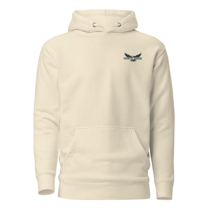 Bone hoodie with an eagle and mountains in red, white, and blue with words American Frontier EST 1776 #bone