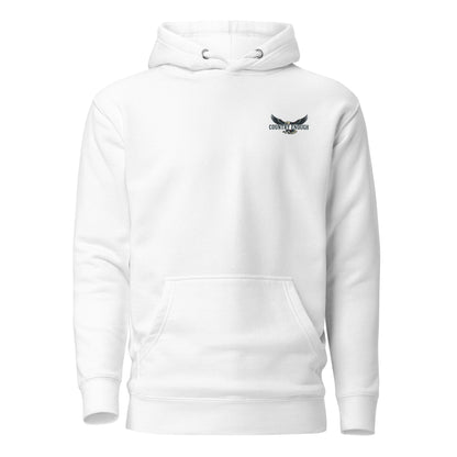 White hoodie with an eagle and mountains in red, white, and blue with words American Frontier EST 1776 #white