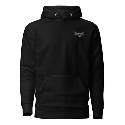 Black hoodie with an eagle and mountains in red, white, and blue with words American Frontier EST 1776 #black