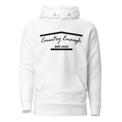White hoodie with graphic of the outline of a house and the words country enough est 2025 #white
