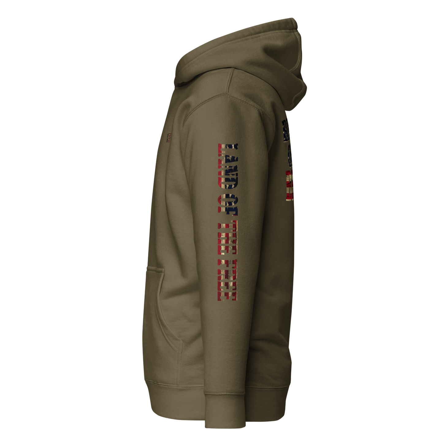 Military green hoodie with American flag fille words because of the brave on the back and land of the free on the sleeve #militarygreen