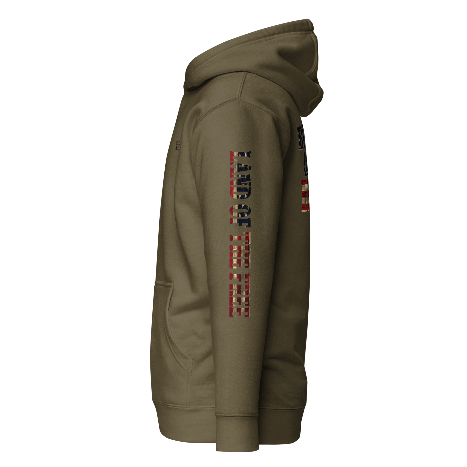 Military green hoodie with American flag fille words because of the brave on the back and land of the free on the sleeve #militarygreen