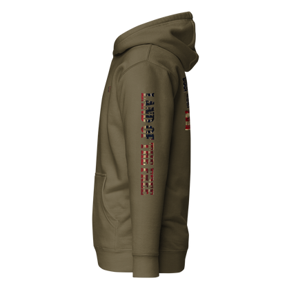 Military green hoodie with American flag fille words because of the brave on the back and land of the free on the sleeve #militarygreen