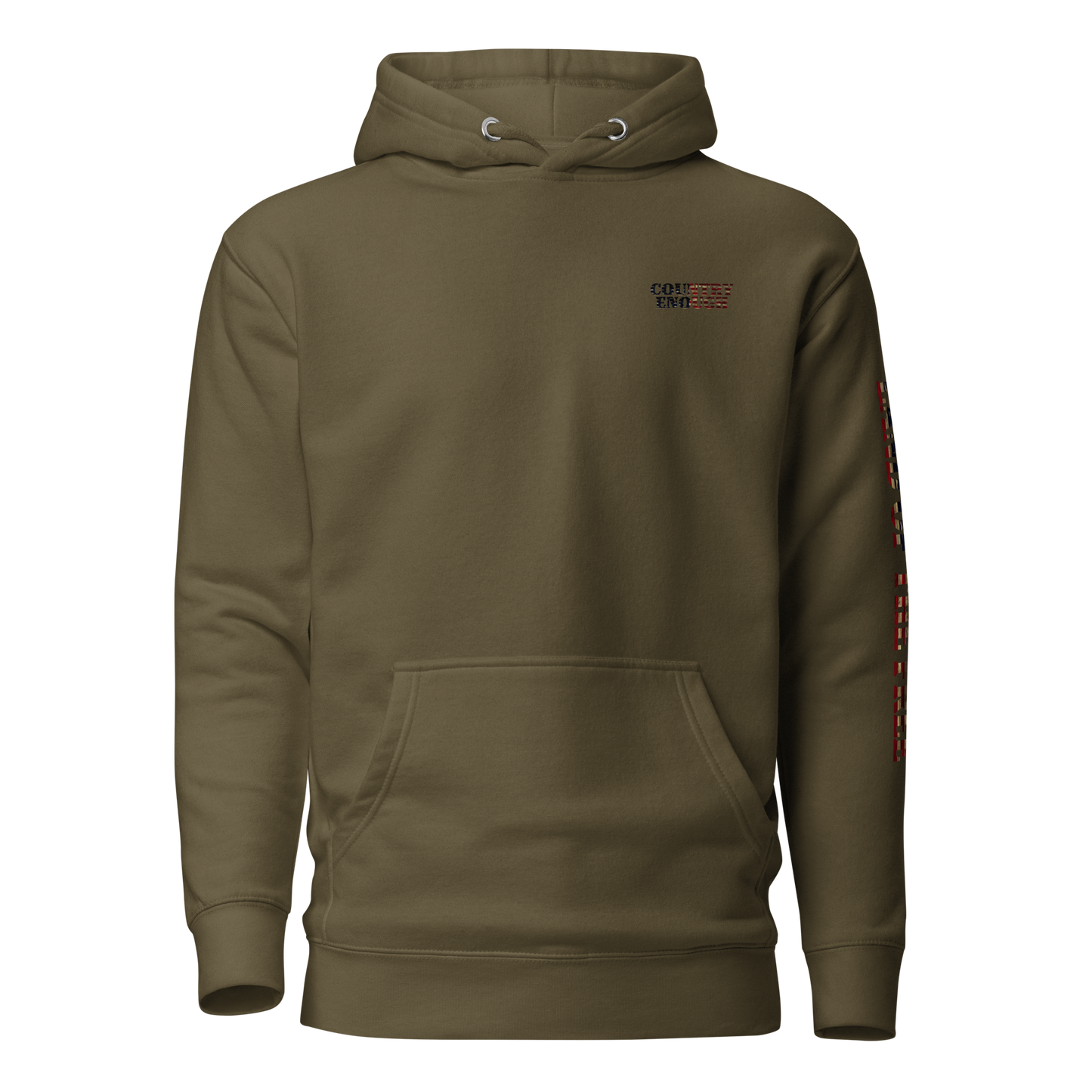 Military green hoodie with American flag fille words because of the brave on the back and land of the free on the sleeve #militarygreen