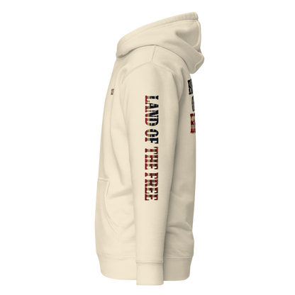 Bone hoodie with American flag fille words because of the brave on the back and land of the free on the sleeve #bone