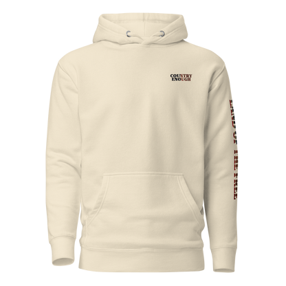 Bone hoodie with American flag fille words because of the brave on the back and land of the free on the sleeve #bone