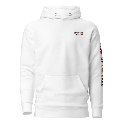 White hoodie with American flag fille words because of the brave on the back and land of the free on the sleeve #white