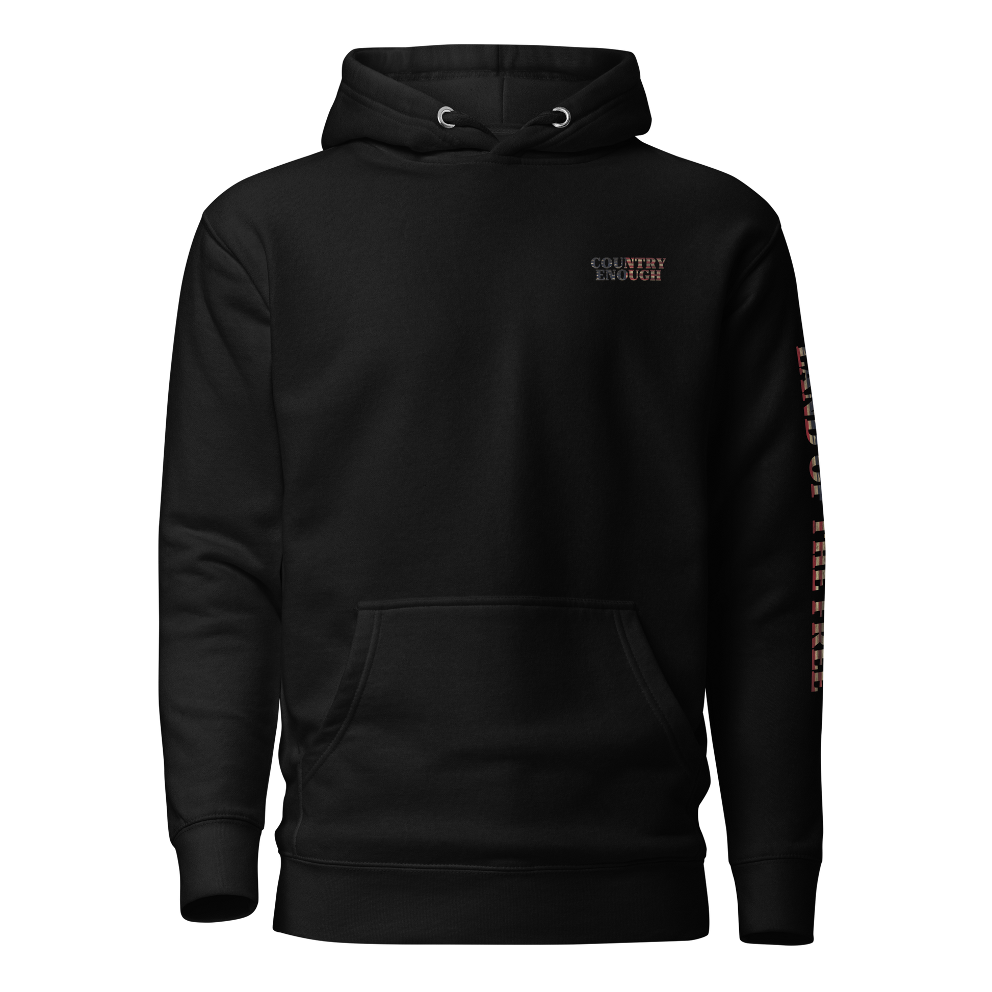 Black hoodie with American flag fille words because of the brave on the back and land of the free on the sleeve #black