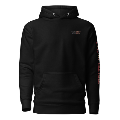 Black hoodie with American flag fille words because of the brave on the back and land of the free on the sleeve #black