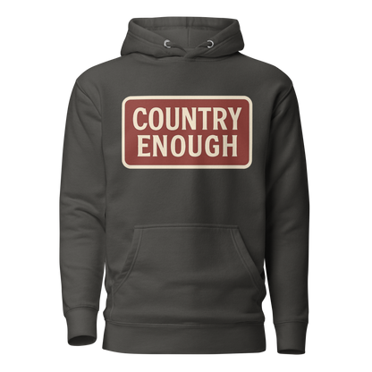 Vintage Black hoodie with rounded box graphic of the words country enough in a cream and maroon design #vintageblack