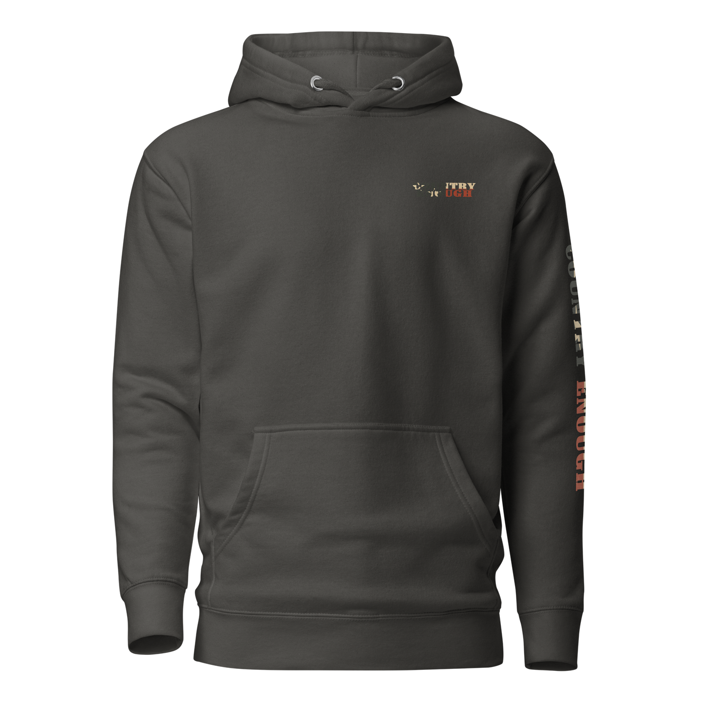 Vintage Black hoodie with graphic of the words country enough filled with the American flag #vintageblack