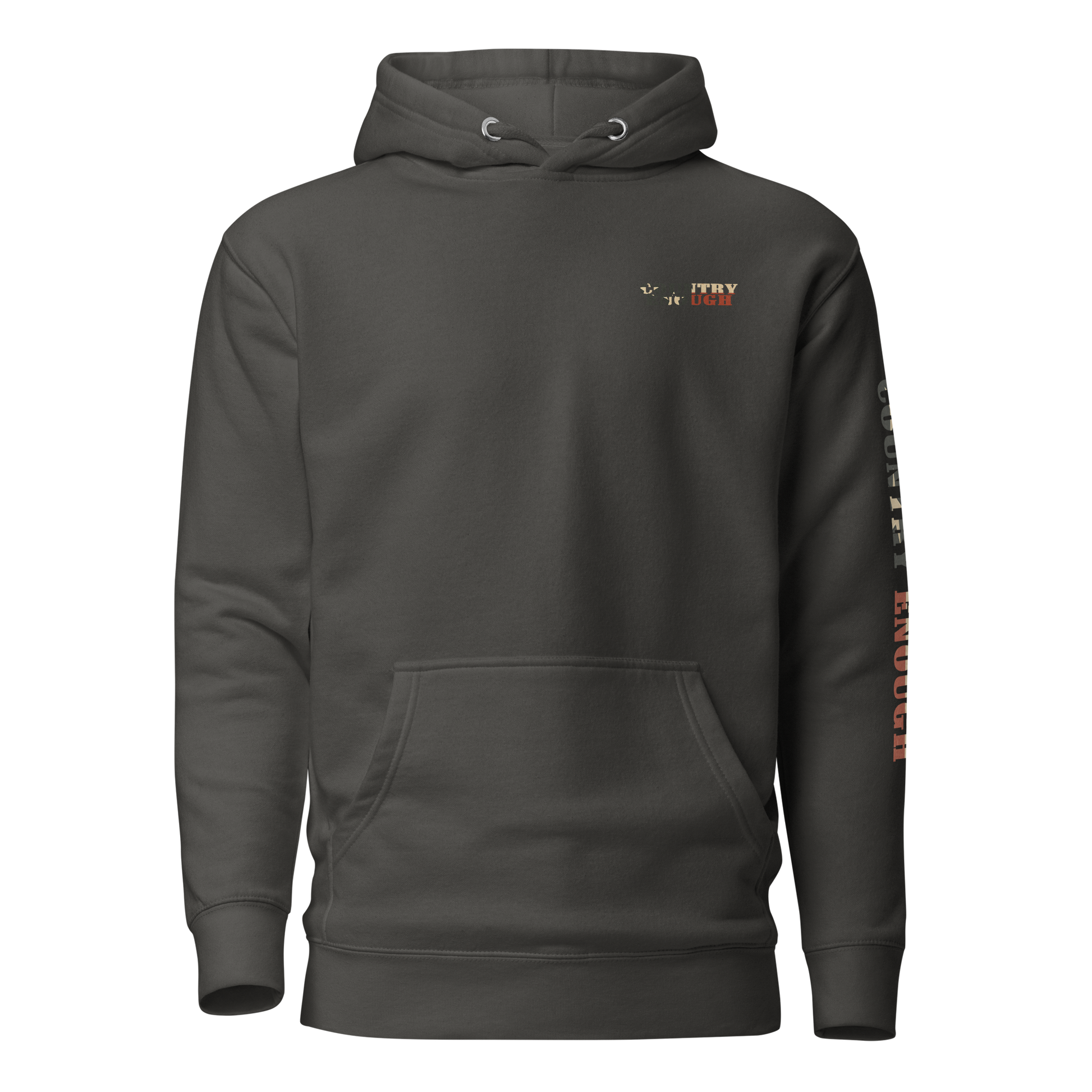 Vintage Black hoodie with graphic of the words country enough filled with the American flag #vintageblack