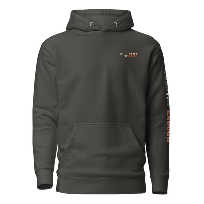 Vintage Black hoodie with graphic of the words country enough filled with the American flag #vintageblack