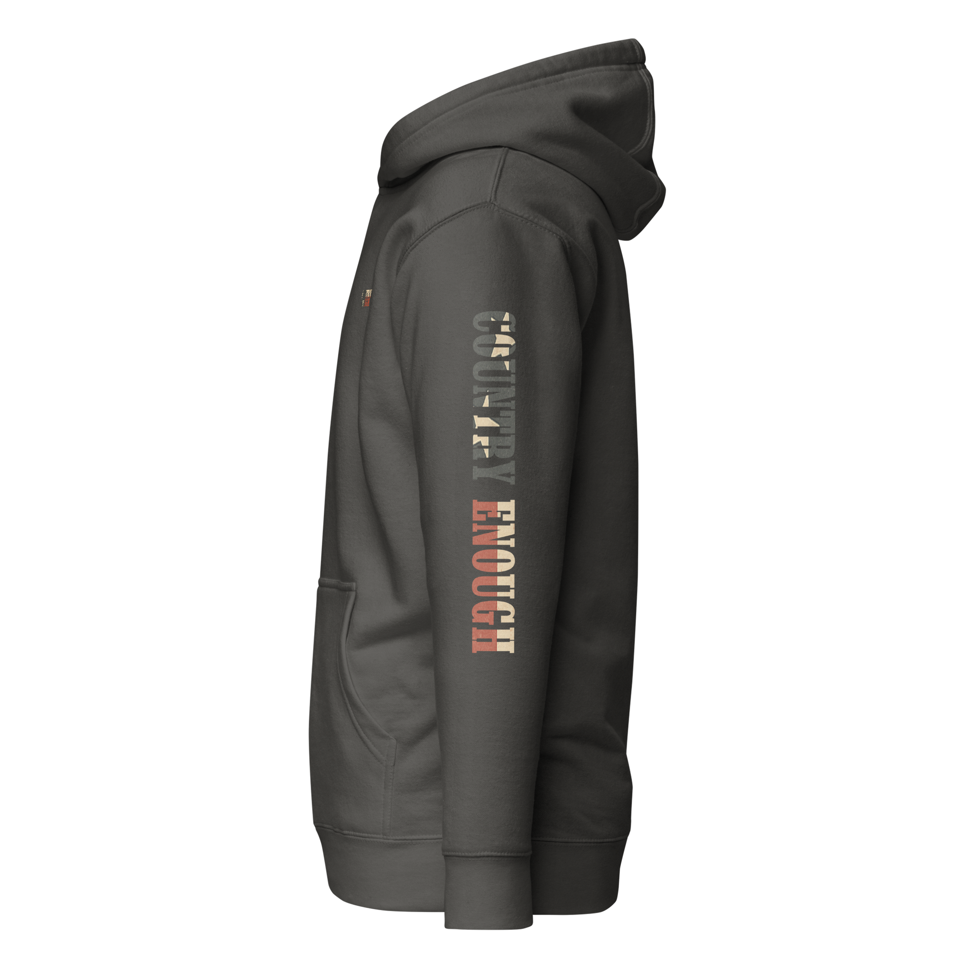 Vintage Black hoodie with graphic of the words country enough filled with the American flag #vintageblack