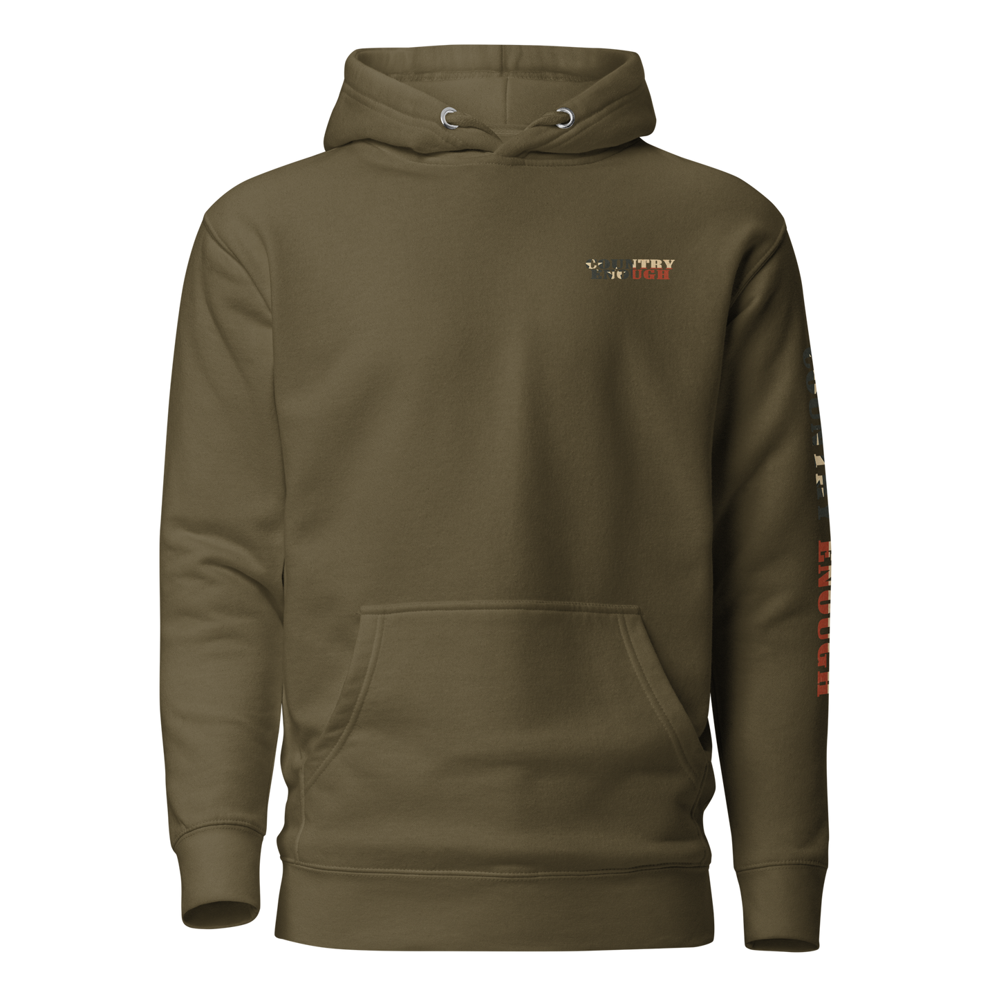 Military Green hoodie with graphic of the words country enough filled with the American flag #militarygreen