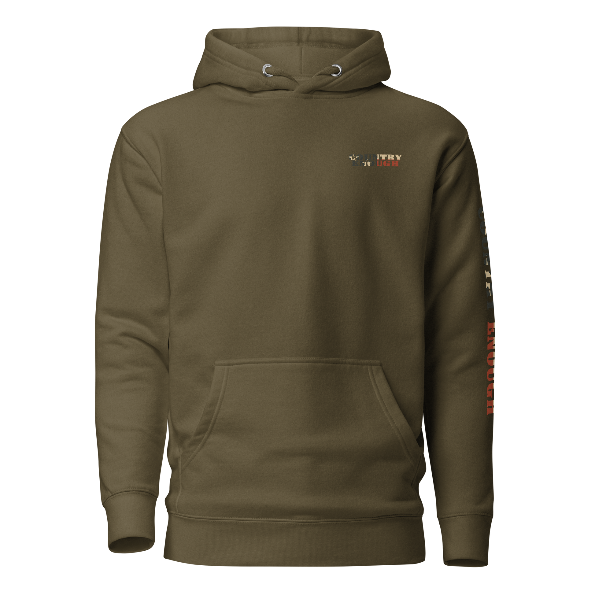 Military Green hoodie with graphic of the words country enough filled with the American flag #militarygreen