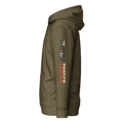 Military Green hoodie with graphic of the words country enough filled with the American flag #militarygreen
